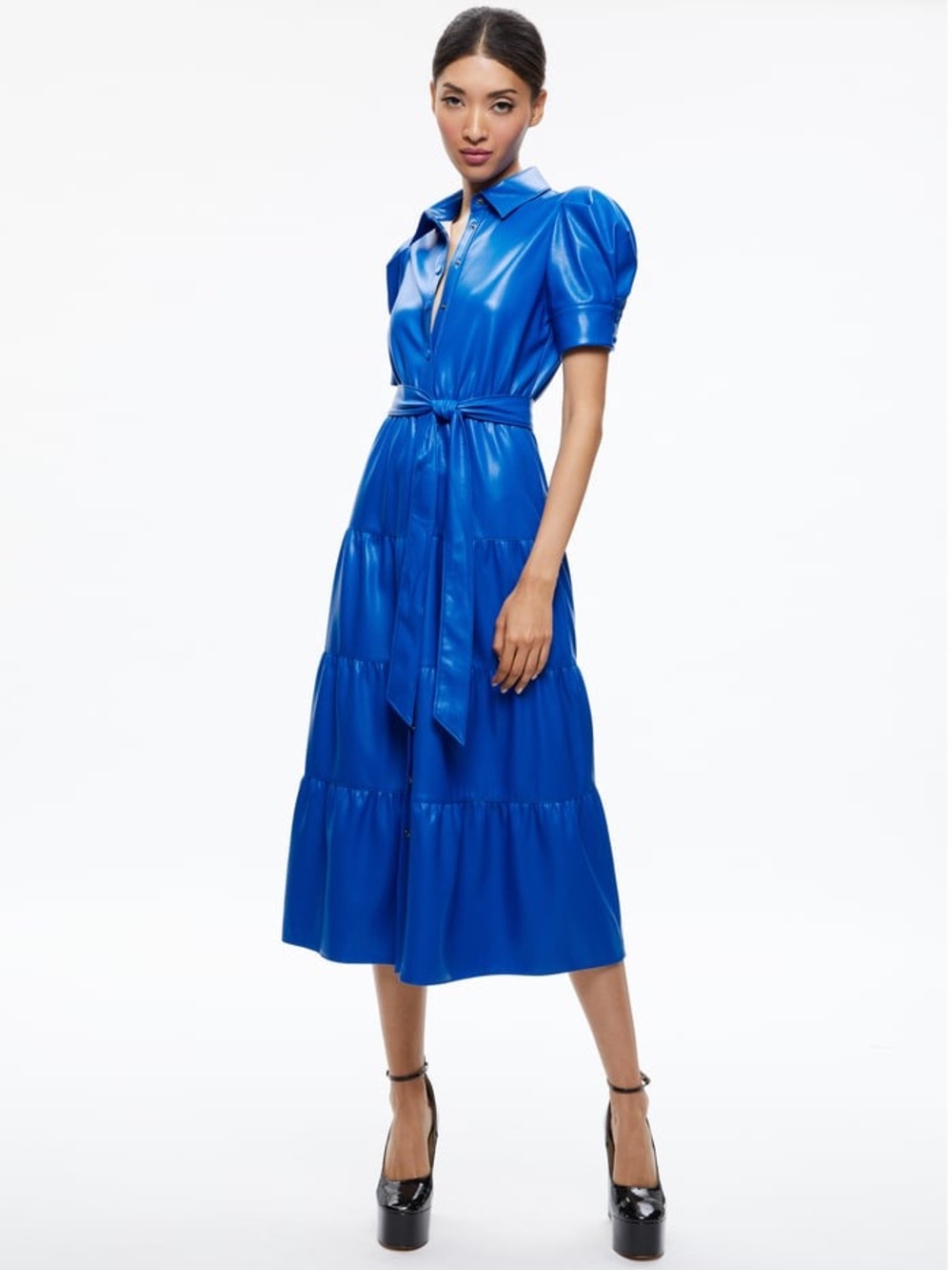 Alice + Olivia Cobalt Blue Button-Front Midi Dress with Tie Waist